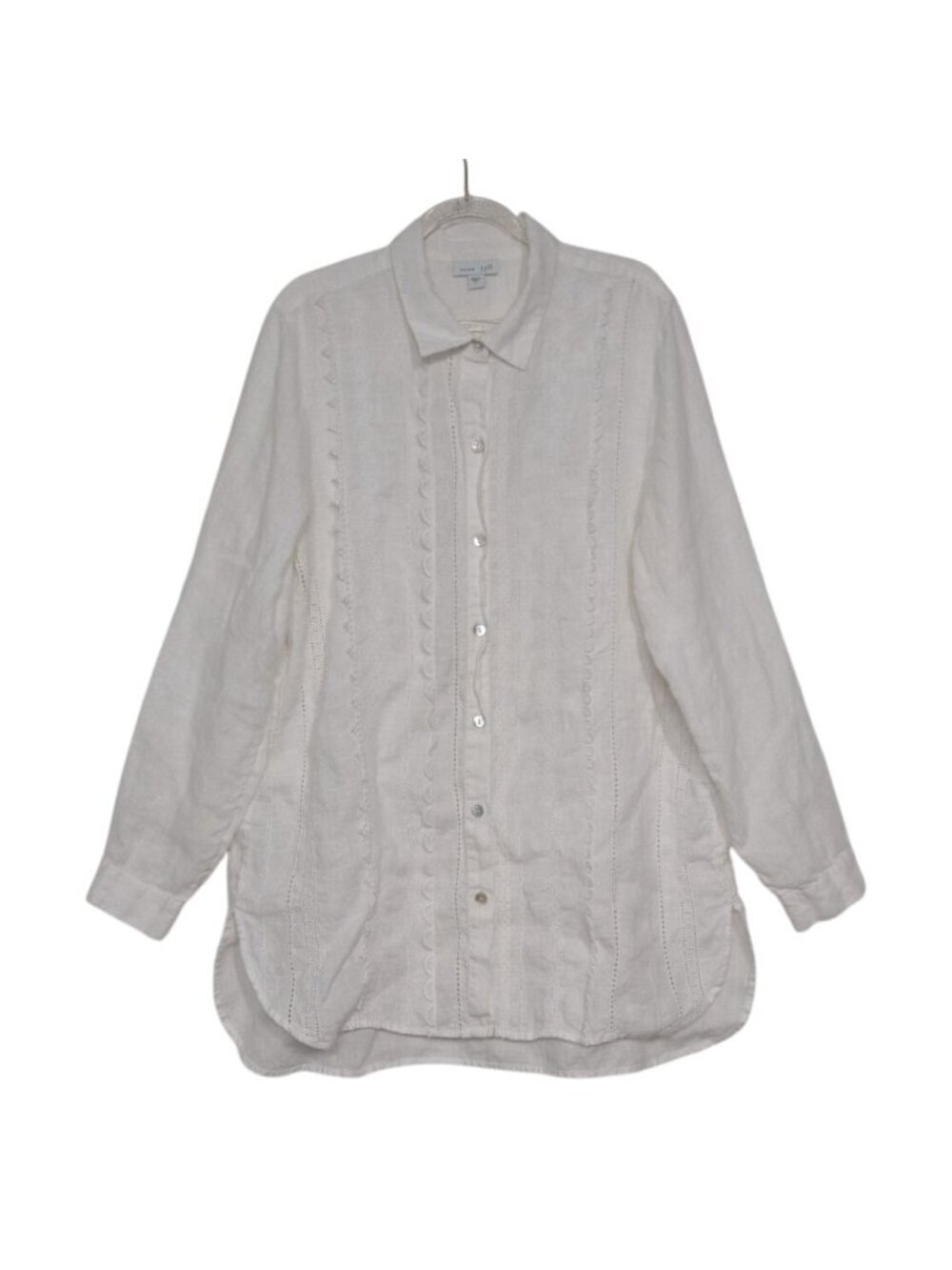 J Jill Love Linen Embroidered Tunic Shirt Womens Size Large White Button Front